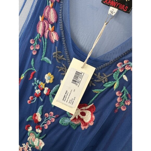 Johnny Was Biya M Mazzy Bias Blue Mesh Maxi Dress Colorful Floral Embroidery - Picture 6 of 14